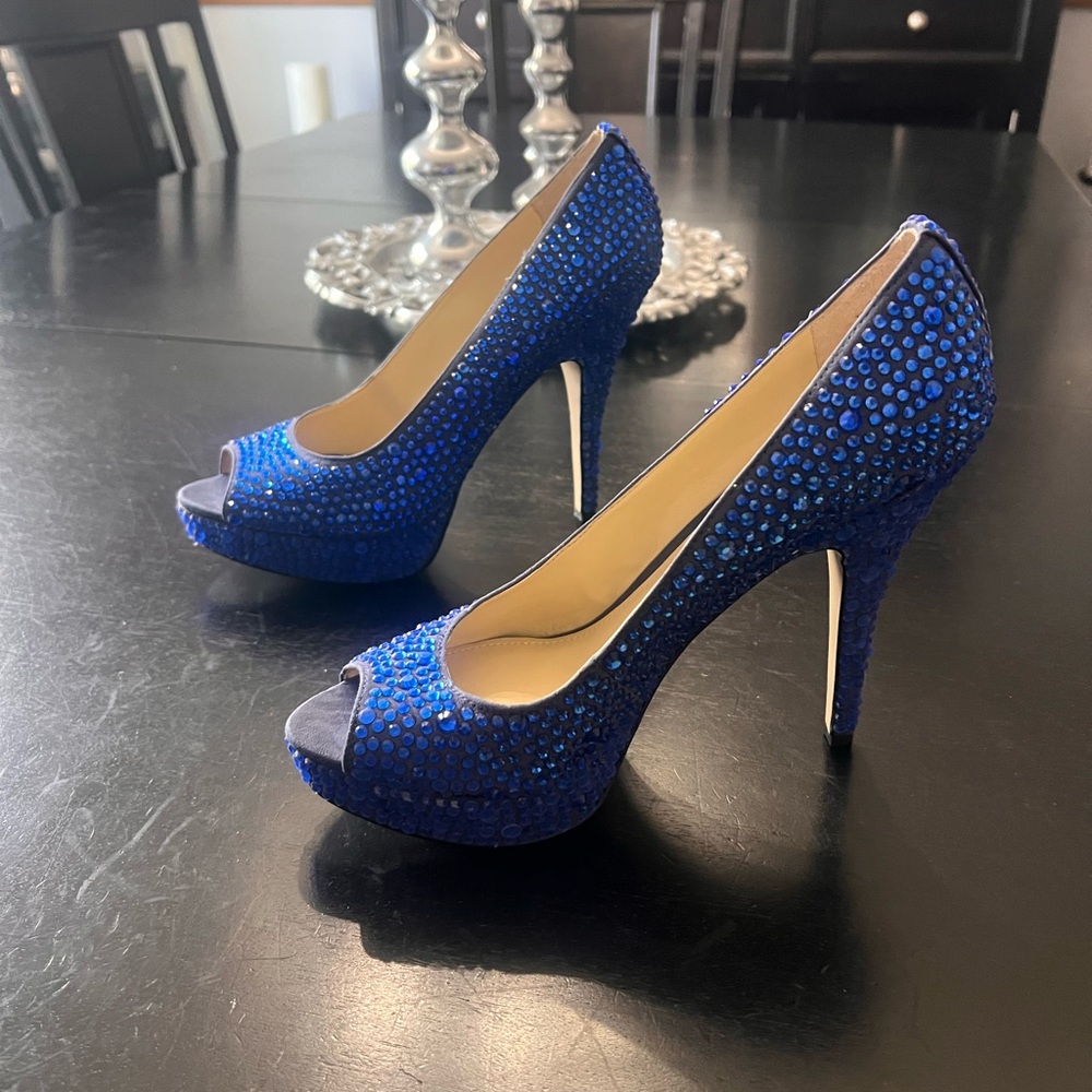 Enzo Angiolini Sparkling Blue Peep-Toe Heels - Picture 3 of 5